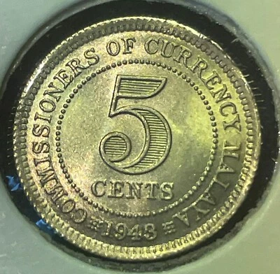 Malaysia Malaya 5 cents 1943 King George VI KM#3a .500Ag Silver UNC B204 - Image 1 of 4
