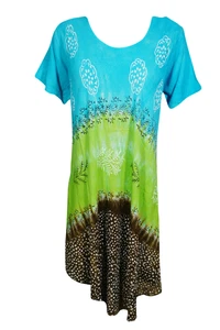 Boho Gypsy Hippy Tie Dye Blue,Green Loose Dress Flared Scoop Neck Sundress XL
