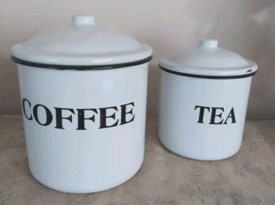 Contenedor de metal esmaltado blanco para café y té granja cocina rústica  Foto 1 de 4