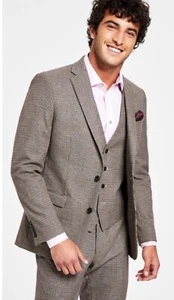Bar III Men's Retro Skinny-Fit Brown Check Stretch 2pc Suit New 38S 34W - Picture 1 of 12