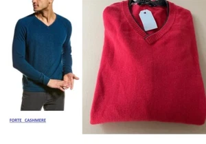 NWT FORTE 100% CASHMERE MEN'S SWEATER CNTRST DTL PULLOVER V-NECK EXPOSED SEAM M - Picture 1 of 11