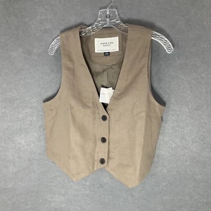 American Eagle Outfitters Women Sz M Tan Button Front Menswear Style Linen Vest - Picture 1 of 8