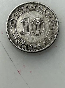 1884 Crosslet 4 Straits Settlements 10 Cents Nice Original XF KM 11 Malaysia etc - Picture 1 of 4