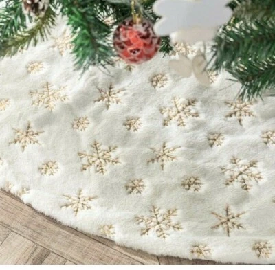 Christmas Tree Skirt White Faux Fur W Gold Sequin Snowflake Embroidery Holiday - Image 1 of 4