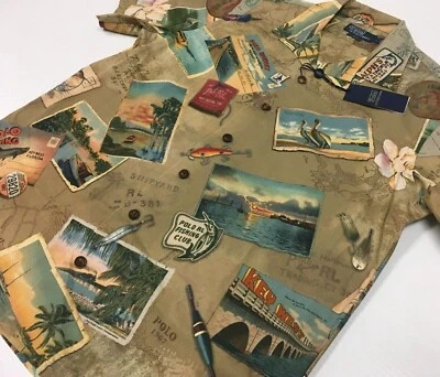 Polo Ralph Lauren Retro Postcard VTG Artwork Key West Hawaii Fishing Camp Shirt - Image 1 of 4