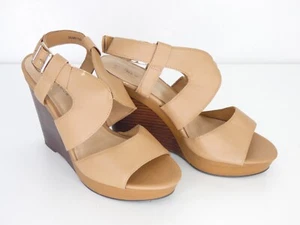 Wedge Sandals Tan Beige Faux Leather Wide Straps Wood Effect UK 6 - Picture 1 of 24