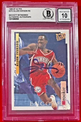 Tarjeta de novato Allen Iverson 1996-97 Fleer Ultra #270 firmada automática (RC) Beckett BAS Foto 1 de 4