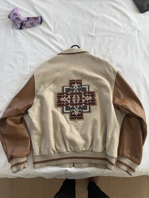 Pendleton wool leather varsity jacket chief Joseph chain stitch patch LARGE - Image 1 of 4
