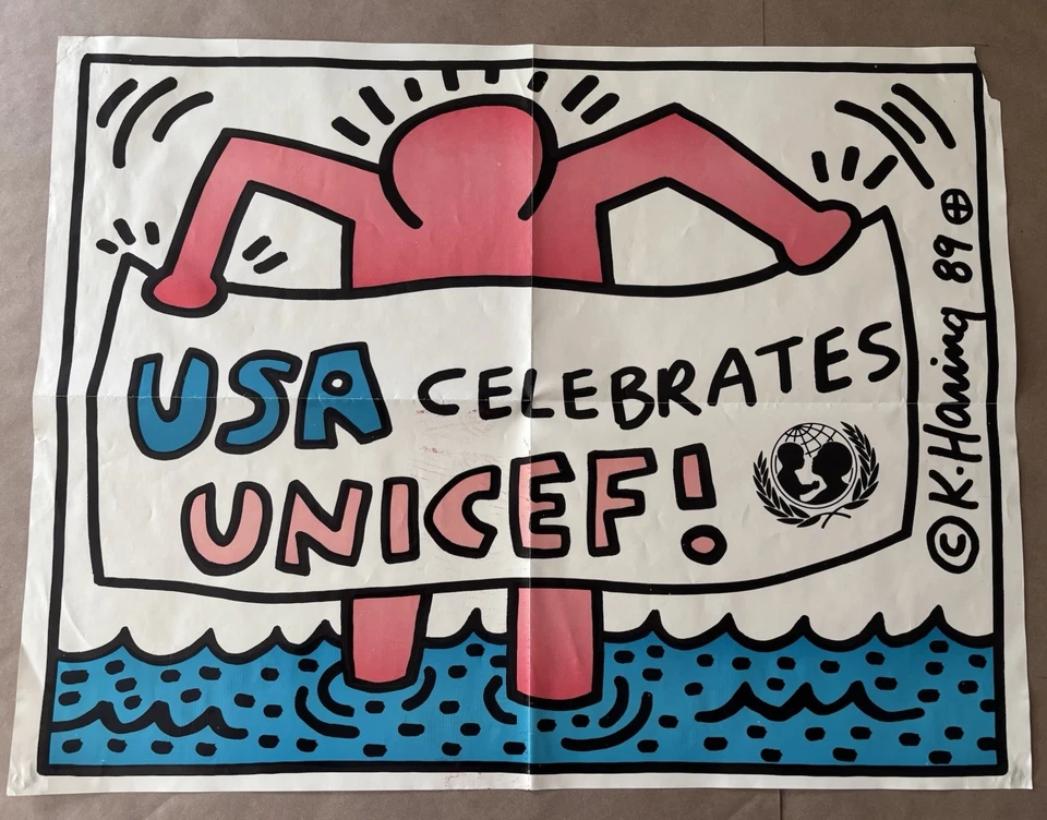 Póster Arte Pop Keith Haring 1989 EE. UU. Celbrates UNICEF RARO DE COLECCIÓN ORIGINAL Foto 1 de 3
