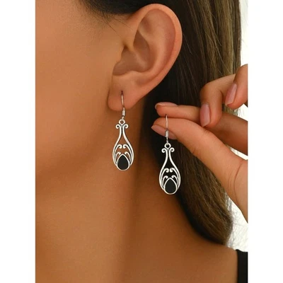 Pendientes colgantes lágrima tono plateado filigrana negro lapislázuli con incrustación gota alambre francés Foto 1 de 4