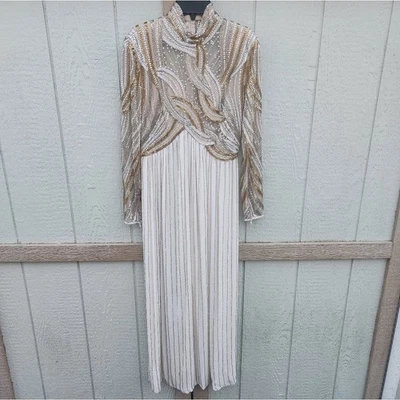 Vestido Bob Mackie Boutique Vintage Alta Costura Seda Con Cuentas Dorado Marfil Noche Talla 6 Foto 1 de 4