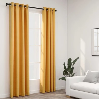 Blackout Curtains Yellow 140x225cm 100% Polyester Linen-Look Grommet Top Pair UK - Image 1 of 4