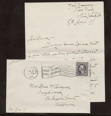 COVER  cds VALLEJO CAL 1919 FLAG  CANCEL MARE ISLAND NAVAL BRANCH w4 PAGE LETTER - Image 1 of 4