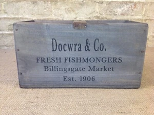 Decorative Grey wooden Docwra & Co. Fish Merchant Storage Crate Box. - Picture 1 of 6