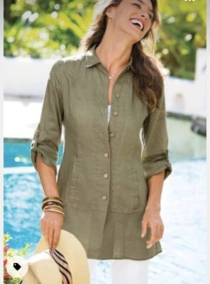 Camisa túnica suave envolvente blusa lino verde aloe M Lagenlook Island Breeze Foto 1 de 4