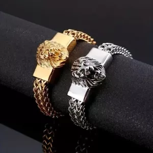 Hombres Acero Inoxidable Oro León Caja Cadena Eslabones Pulsera Grueso Brazalete - Imagen 1 de 5