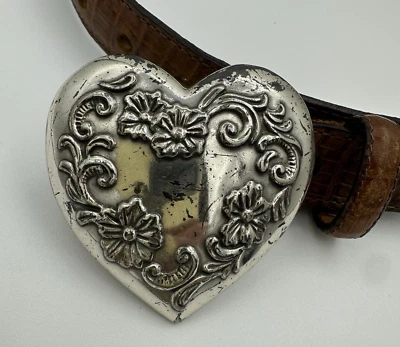 Tony Lama Heart Buckle Statement Belt Brown Leather Size 28 USA Cowgirl Western - Image 1 of 4