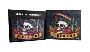 Day of the Dead Skull Sombrero Design Handcrafted Wallet BI-Fold Vegan Leather - Picture 1 of 9