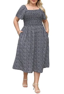 Womens Plus Size Casual Floral Dress Summer Flutter Sleeve Square Neck Smocke... - Picture 1 of 6