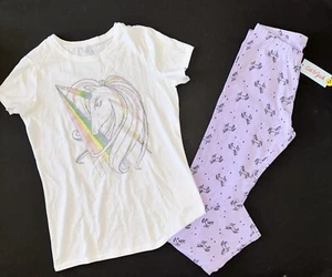 Cat & Jack Unicorn White Short Sleeve Shirt Top Purple Lavender Leggings Pant XL - Picture 1 of 3