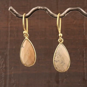 Natural Picture Jasper Pear Shape Yellow Gold Plated Bezel Set Drop Earrings   - Picture 1 of 3