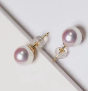 Real AAA+ 8-7MM Natural Akoya White Round Pearl Earrings 18k gold - Picture 1 of 6