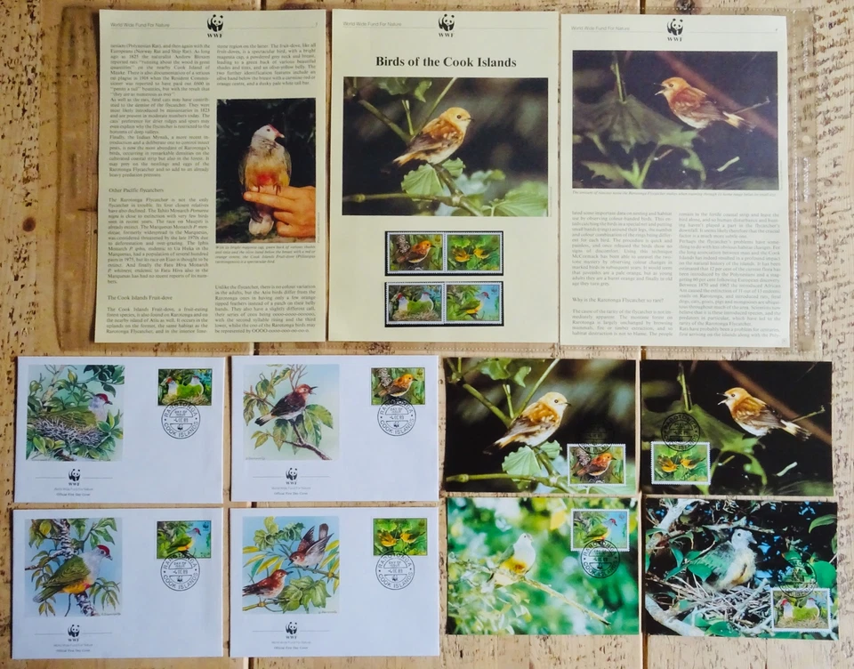 WWF BIRDS OF THE COOK ISLANDS 1989 COMPLETE SET Stamps Postcard & 1st Day Cancel - Image 1 of 4