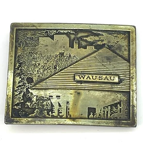 Vintage Wausau Belt Buckle 1976 Wisconsin Bull Leather Bergamot Brass Works USA - Picture 1 of 10