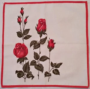 VINTAGE BLUMEN ARTROSEN ROTER RAND WEISS BAUMWOLLE 9,5" TASCHENTUCH - Bild 1 von 3