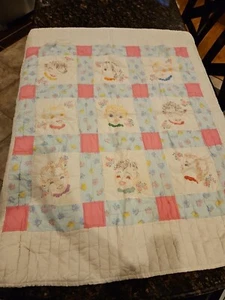 Vintage Baby/Crib Quilt, Hand Drawn Baby Faces, Vintage Poodle Fabric 50" X 43" - Picture 1 of 7