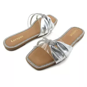 Women's Rhinestone Trim Sandals Clear PVC Rhinestone PU Upper Slides Square Toe - Picture 1 of 26
