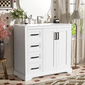 36" Modern Bathroom Vanity with Ceramic Sink,Adjustable Shelf & 3 Drawers White - Picture 1 of 20