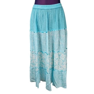 Cathy Daniels Aqua 白色花卉层叠皱农民中裙 S 码 U12 — 第 1/4 张图片