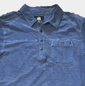 ROCK & REPUBLIC NEW Blue Cotton Textured Polo Shirt Epaulettes Dark Denim NWT L - Picture 1 of 6