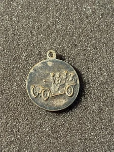 Antique Protect Us Saint Christopher Charm Medal W/ Men Driving Antique Car - Picture 1 of 5