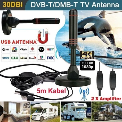 DVB T2 HD-Antenne 36DBi Verstärker 5M KabelFernsehkanäle Free TV-Programme NEU! - Bild 1 von 4