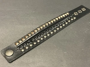 80s Punk Rock Spiked Cuff Studs Chain Wristband Bracelet Black Leather Goth - Picture 1 of 5