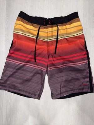 Men’s Speedo Swim Trunks Board Shorts Red/Yellow/Black/Purple Stripped - Medium - Image 1 of 4