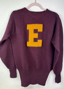 VTG 50s 60s university sweater burgundy with gold letter E wool S-M-L - Picture 1 of 13