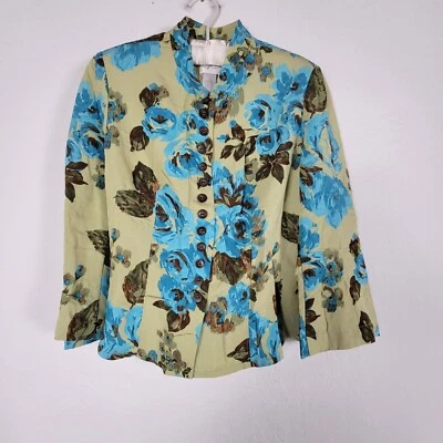 Emma James Womens Floral Print Button-Front Blazer Jacket Size 6 Tan Blue Career - Image 1 of 4