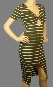 Sexy Olive Green White strip V-neck twist keyhole cut out sexy front slit dress - Picture 1 of 4