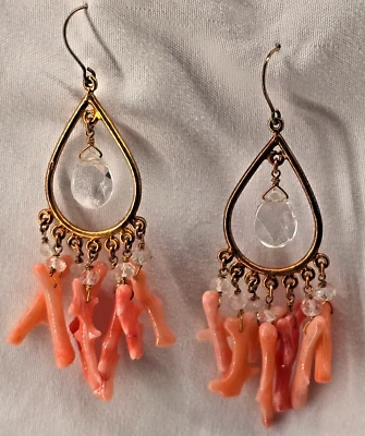 Pendientes Gancho Colgante Naranja Coral y Cristal Tono Bronce Transparente 3" Foto 1 de 2