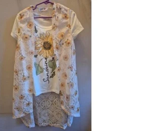 2-piece Beautees Girls L Sunflower Short Sleeve Tee + Lacey Duster  NWT, Size 14 - Picture 1 of 5