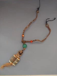 Vintage very old necklace primitive natural woven fiber wood beaded macrame 13" - Picture 1 of 4