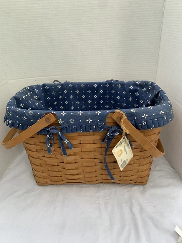 Longaberger Magazine Basket 12106 with blue Fabric Liner 15.5" Double Handles Cover