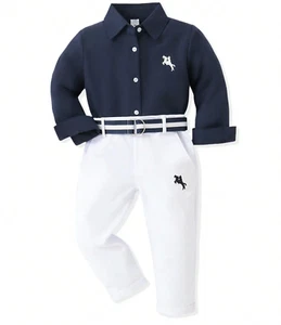 Conjunto de 3 piezas de Niño Camisa Color Azul Manga Larga y Pantalones Blancos - Picture 1 of 12