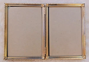 VINTAGE GOLD METAL DOUBLE PHOTO HINGED FRAME 5X7 MCM RETRO DECOR - Picture 1 of 9