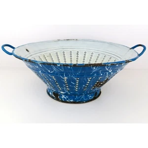 Vtg Blue Enamelware Graniteware Colander Strainer Rustic Primitive Kitchen Decor - Picture 1 of 17