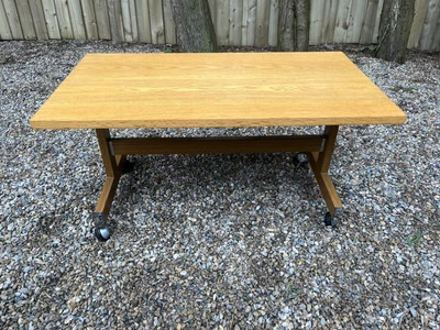 Vintage Oak Teak Effect Side Coffee Wheeled Table Danish Style Tea Trolley - Image 1 of 4