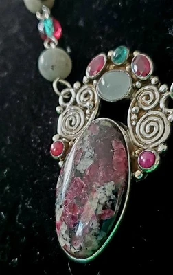 SAJEN 925 STERLING SILVER RUBY ZOISITE W/ RUBY, CHALCEDONY ACCENTS, 30" NECKLACE - Image 1 of 4